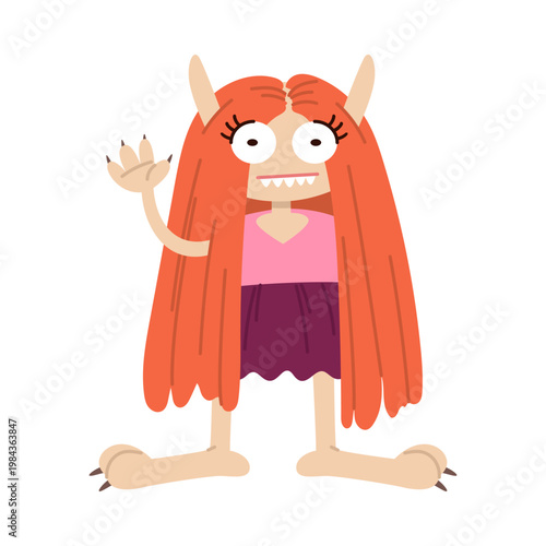Funny cartoon monster girl with long orange hair, big eyes, sharp teeth, and claws, wearing a pink top and purple skirt, waving hand isolated on white background vector illustration