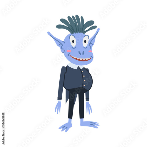 Quirky blue monster with big ears and spiky hair in a suit isolated vector illustration