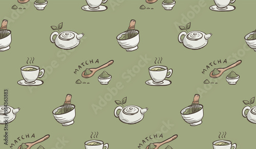 Green tea doodle background. Matcha pattern background. Japanese beverage seamless pattern for packaging. Hand drawn element of teacup, teapot, powder, hot drink, spoon.