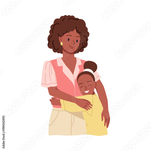Smiling mother lovingly hugs her cheerful daughter, expressing warmth, care, and family connection, isolated on white background vector illustration