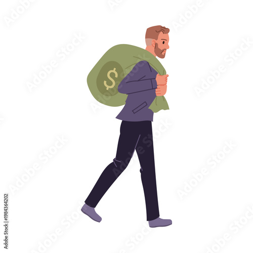 Businessman walking with large money sack on white isolated background concept vector illustration