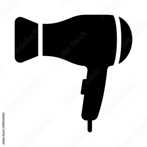 Hair dryer icon, symbolizing hotel bathroom amenities and personal care. Bold solid vector for grooming, beauty, and hygiene.