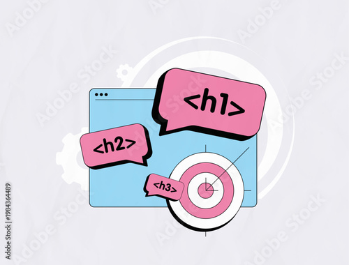 On page SEO with heading tags structure and content optimization for search ranking. On page SEO improves visibility and performance with structured content and keyword targeting vector illustration