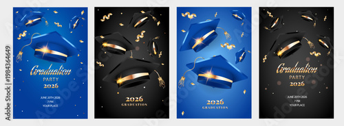 Graduation party 2026 poster set with flying academic caps and gold confetti. Vertical vector banners in blue and black for class of 2026 ceremony celebration and invitation design