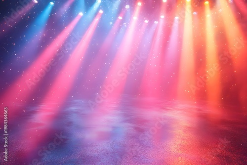 Stage lighting show background with colorful spotlights and smoke effects for concert and event design