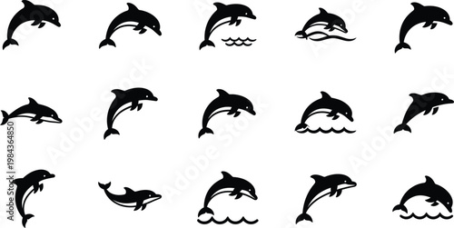 Dolphin icon set silhouette collection with ocean life sea life silhouette swimming wildlife