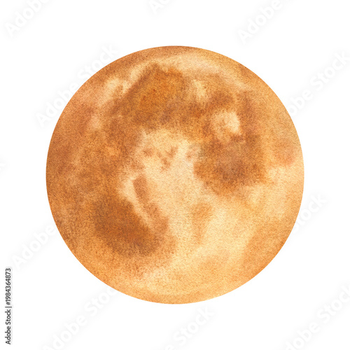 Full moon in watercolor style on isolated background. Celestial body with textured surface. Harvest moon in Native American traditions. Astronomy, night sky concept, lunar cycle illustration.