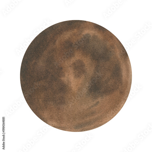 Full moon on isolated background. Watercolor sturgeon moon, celestial body surface with crater texture. Night brown sky object illustration for space design and astronomy concept element.