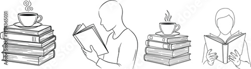 Minimalist Coffee, Books, and Reading Icon Set Featuring Steaming Cup, Person Reading, and Stacked Books for Lifestyle, Study, and Work Designs