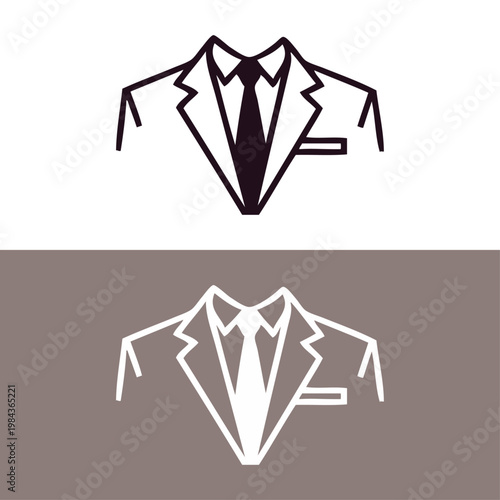 Logo moda de caballero. Versiones de un dibujo minimalista con líneas de un traje, camisa y corbata, visto de frente
