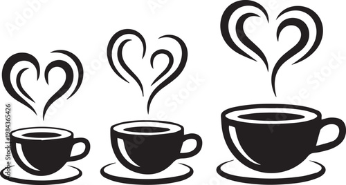 Three cups of coffee with heart-shaped steam designs symbolizing love and warmth