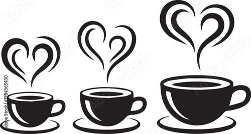 Three cups of coffee with heart-shaped steam designs symbolizing love and warmth