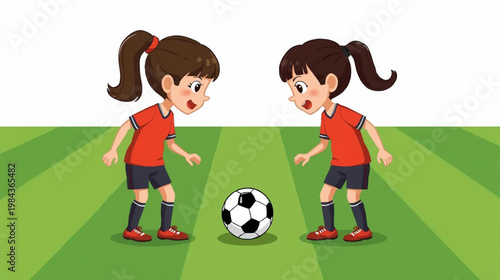 cartoon illustration of Two young girl soccer players standing on a field facing off over a black-and-white soccer ball