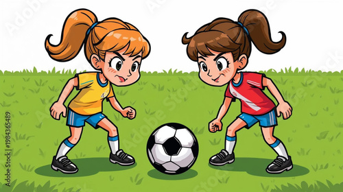 cartoon illustration of Two young girl soccer players standing on a field facing off over a black-and-white soccer ball
