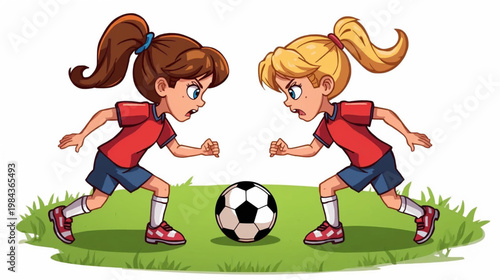 cartoon illustration of Two young girl soccer players standing on a field facing off over a black-and-white soccer ball