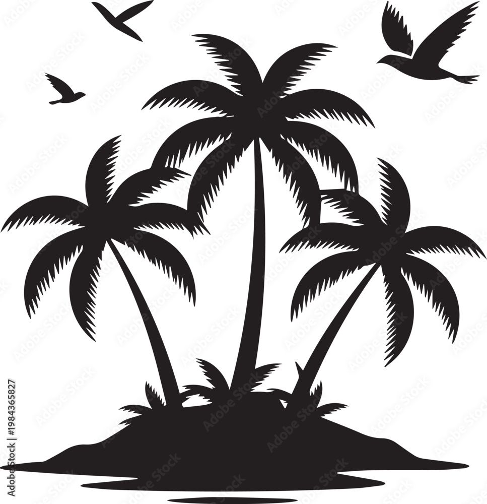 Fototapeta premium Tropical island scene featuring palm trees and birds in flight