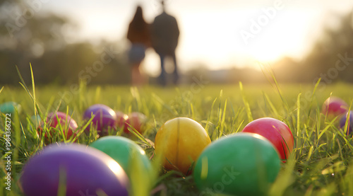 Colorful easter eggs on grass with blurred couple in sunset field