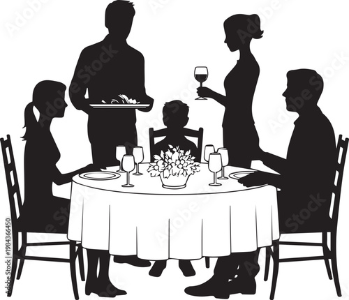 A family enjoying a formal dinner with attentive waitstaff at a well-set table