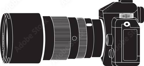 A classic dslr camera with a large telephoto lens attached.
