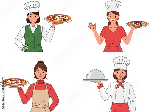 Chef women holding pizza illustration set with female cooks in uniform serving food restaurant and culinary lifestyle design