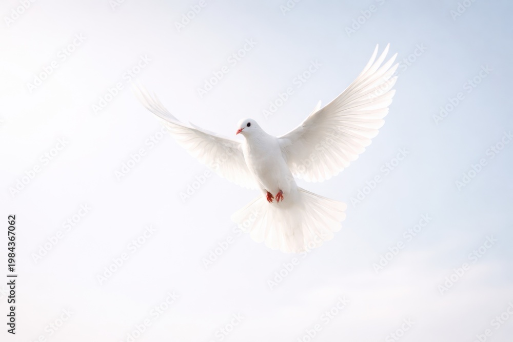 Fototapeta premium A white dove flies gracefully against a bright, clear sky