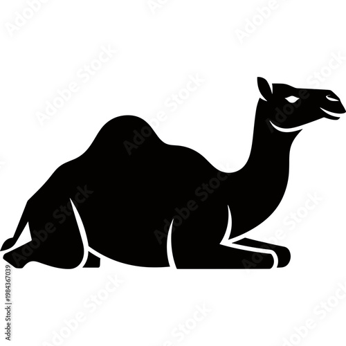 A black silhouette of a camel sitting on the ground in profile view