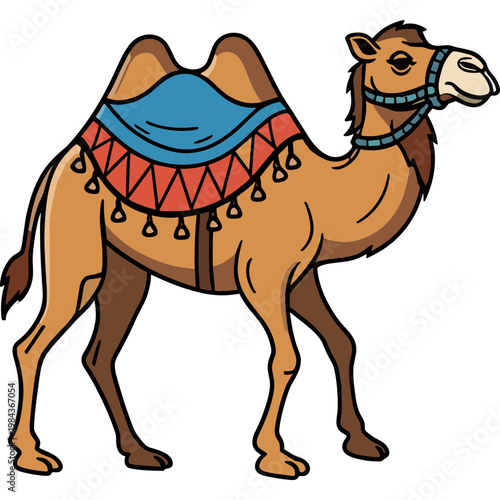 A camel stands with a colorful saddle on its back outdoors.