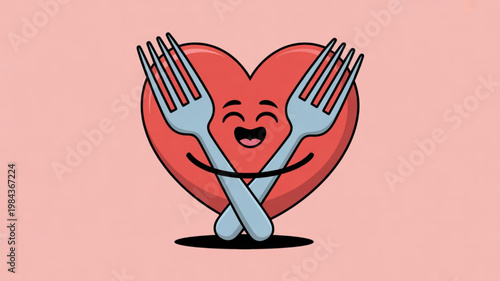 Smiling heart with crossed fork and spoon symbolizing love for food and dining on a pink background
