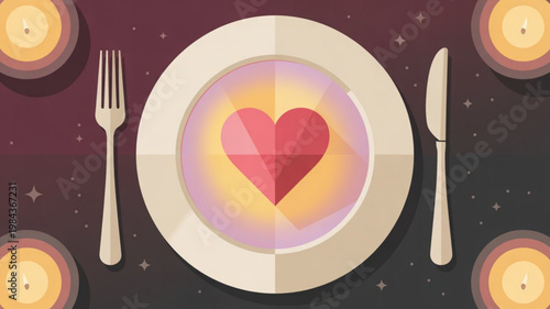 Romantic dinner setup with heart shaped plate centerpiece and candles on table