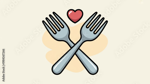 Crossed silver forks with a red heart on a beige background symbolizing love for food and dining