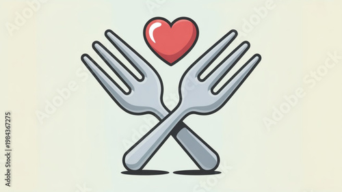 Crossed silver forks with a red heart on top symbolizing love for food and dining romantic meal culinary passion