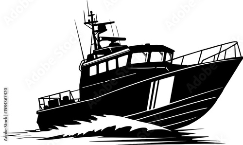 Fast patrol boat silhouette cutting through waves