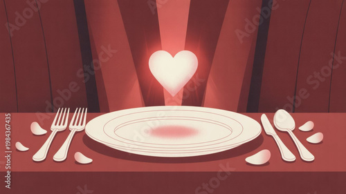 Romantic dinner setup with heart shaped light on table