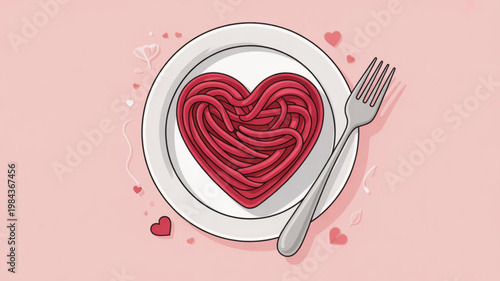 Heart shaped spaghetti on a plate with fork valentine's day food concept romantic dinner idea love themed meal