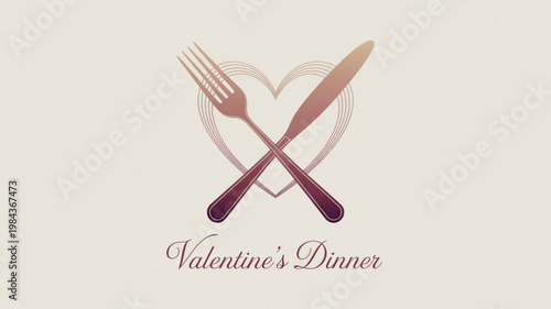Valentine's day dinner logo with crossed fork and knife in heart shape on beige background