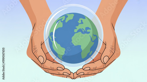 Hands cradling the earth globe in protection and care symbolizing environmental conservation and sustainability