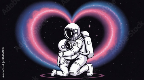 Astronaut and child hug in space with heart background