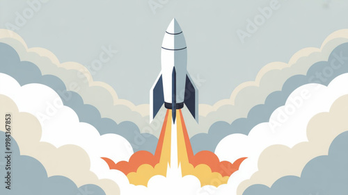Rocket ship launching into sky with flames and clouds symbolizing growth and innovation
