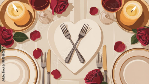 Romantic valentine's day dinner table setting with heart shaped plate and crossed forks