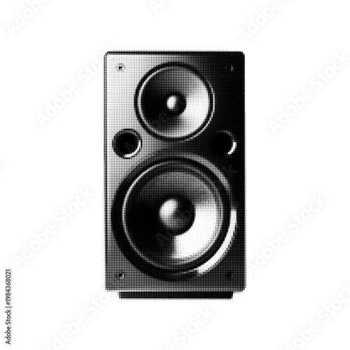Black and white halftone illustration of an audio speaker, representing sound, music, and audio equipment.