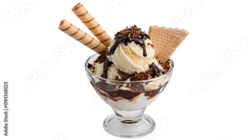 Canvastavla Ice cream sundae with chocolate syrup, whipped cream, and wafer sticks served in