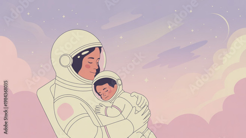 Astronaut mother and child in space with purple and pink sunset background and stars