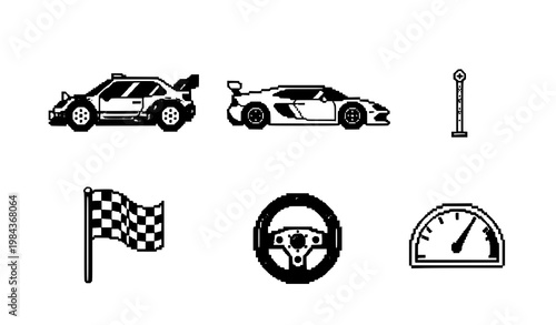 Car and racing bitmap icon set isolated on white background
