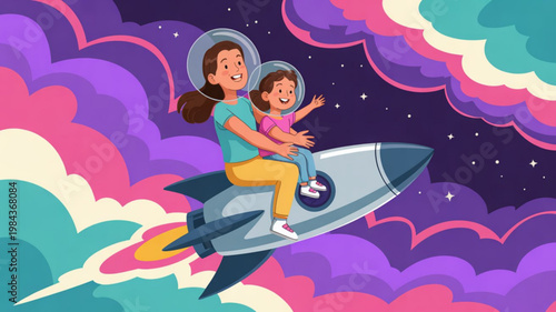 Woman and child wearing helmets riding rocket ship through colorful cloudy sky