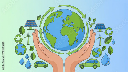 Hands cradling earth with eco friendly symbols and green technology elements around it
