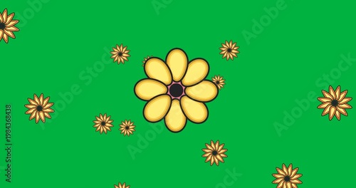 Gold central bloom staying fixed, stars entering edges and orbiting, forming ring on transparent bg