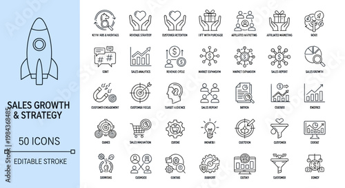 Detailed Vector Outline Icons Set for Sales Growth, Business Strategy, Marketing, and Analytics Success for Corporate Development