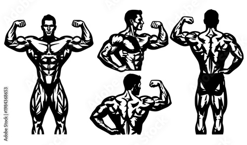 Black and White Bodybuilding Silhouette Vector Set with Muscular Poses Isolated