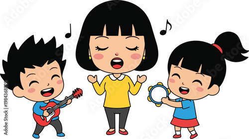 Cheerful family band with mother singing while son plays guitar and daughter holds tambourine music.