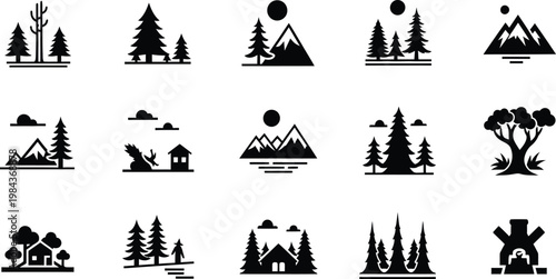 Collection of stylized icons representing forest and nature scenes with black and white, pine tree